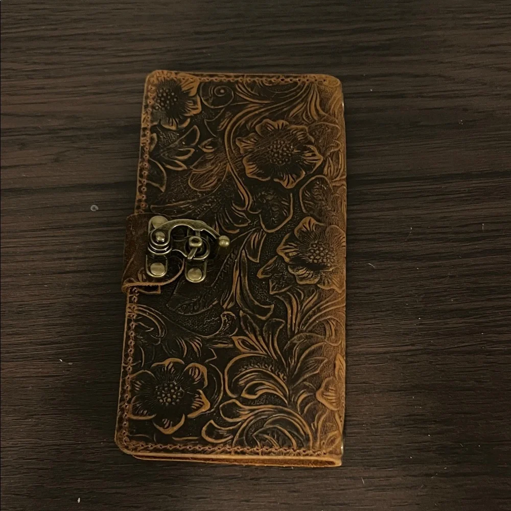 Vintage Floral Embossed Brown Leather Phone Wallet Case